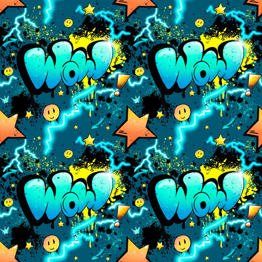 Stoff-Mockup „WOW – Graffiti Power“: Neon-Graffiti mit Blitzen, Smileys, Sternen und WOW-Schriftzug auf dunklem Hintergrund, drapiert über dunklem Kombistoff.