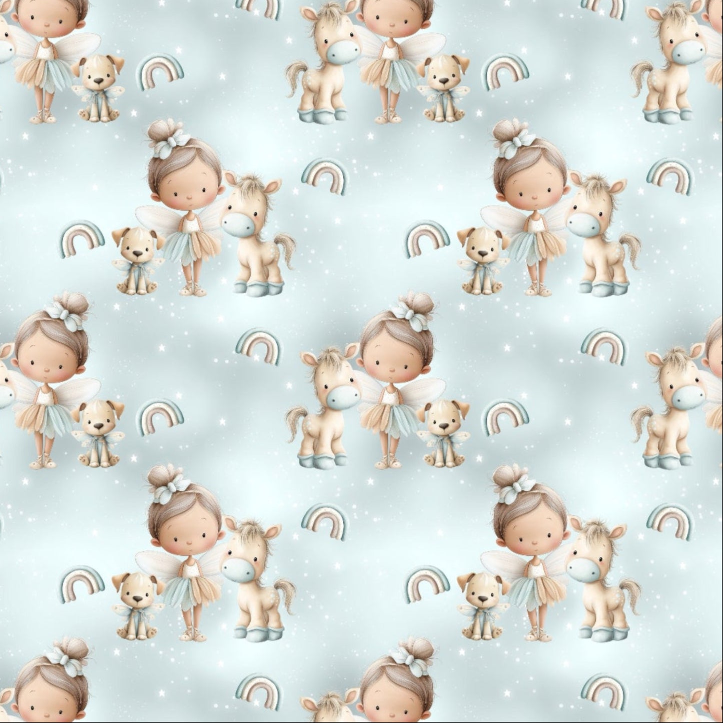 Nahtloses Stoffdesign "zauberhafte Feenfreunde" mit Feen, Pony und Glitzersternen für Kindermode.