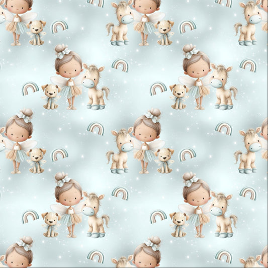 Nahtloses Stoffdesign "zauberhafte Feenfreunde" mit Feen, Pony und Glitzersternen für Kindermode.