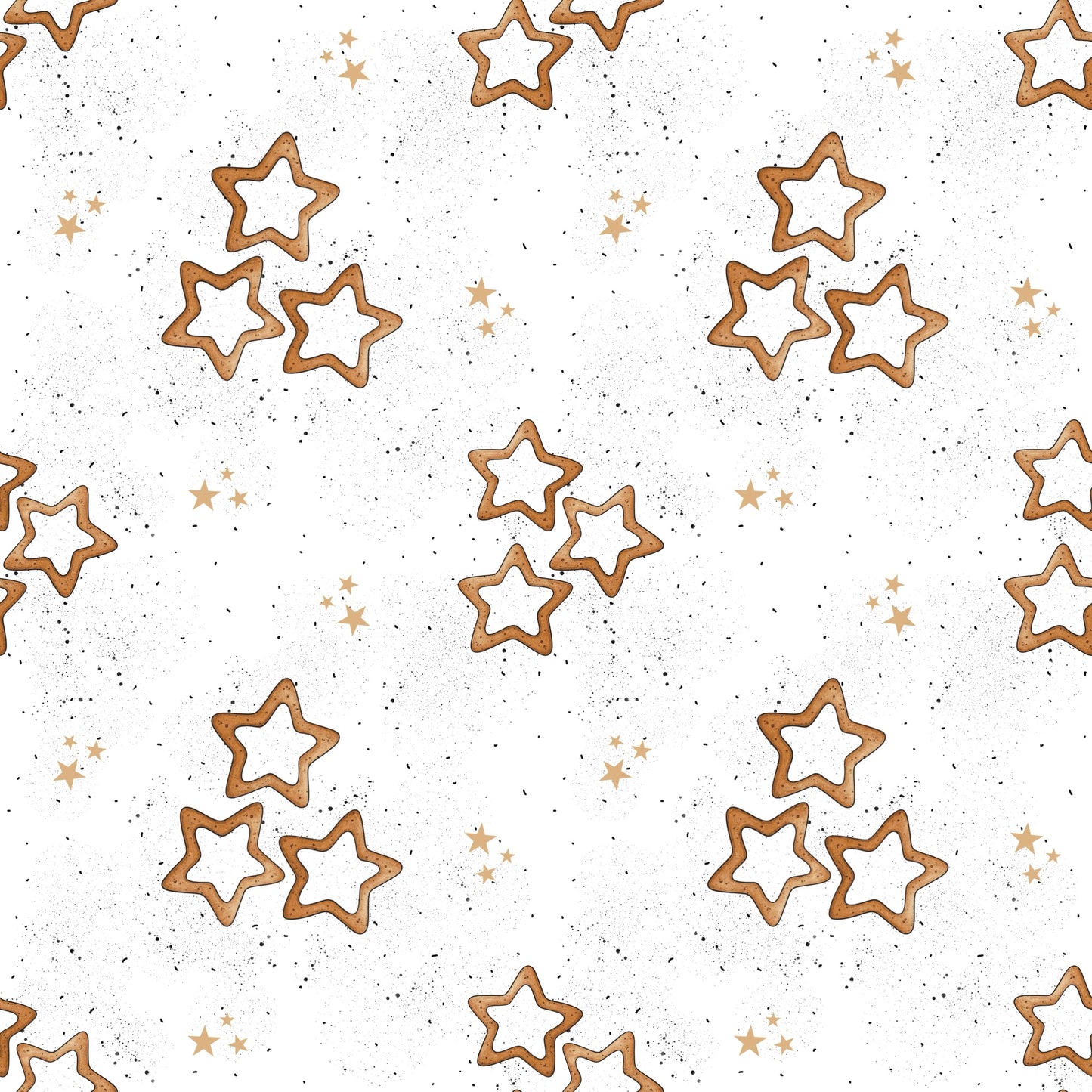 Nahtlos wiederholendes Muster „Zimtsterne“ – weihnachtliche Plätzchen in Sternform mit Glasur und goldenen Akzenten