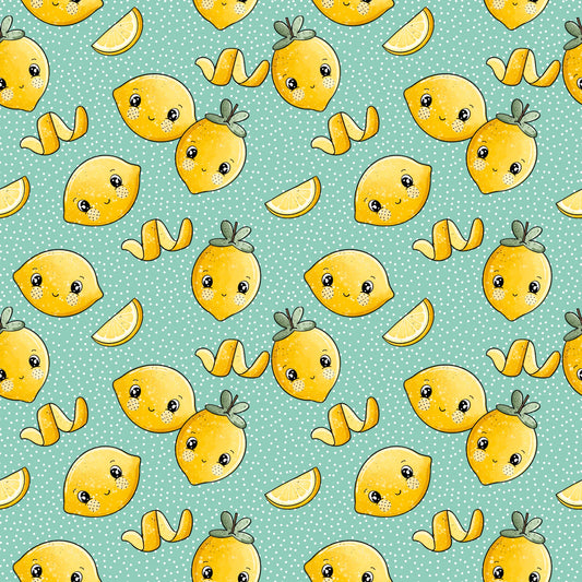 Nahtloses Zitönchen Mint Muster mit lachenden Zitronen, Zitronenscheiben und weiĂen Punkten auf mintfarbenem Hintergrund