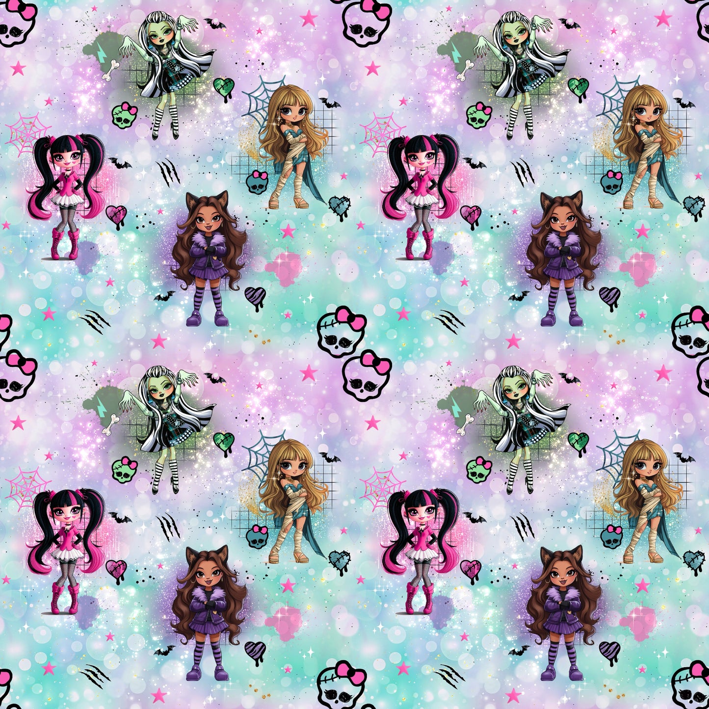 Bunter Stoff „Zombelicious“ – auffälliges Halloweenmotiv mit Monsterfiguren und Deko-Elementen für kreative Nähideen.