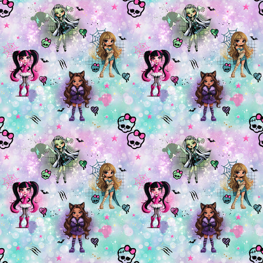 Bunter Stoff „Zombelicious“ – auffälliges Halloweenmotiv mit Monsterfiguren und Deko-Elementen für kreative Nähideen.