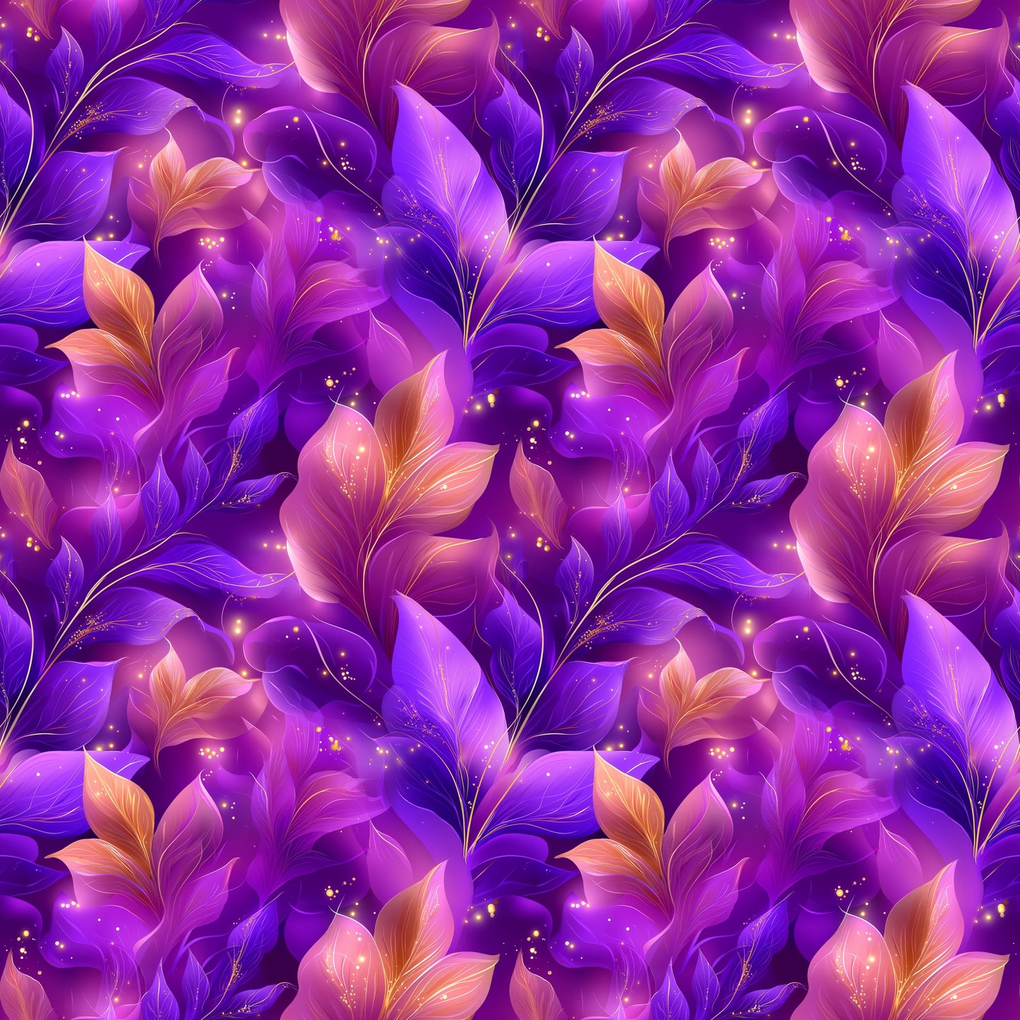 Glowing Flowers Stoff mit leuchtenden Blüten und Blättern in Violett, Lila und Beerentönen sowie feinen goldenen Akzenten auf dunklem Hintergrund.
