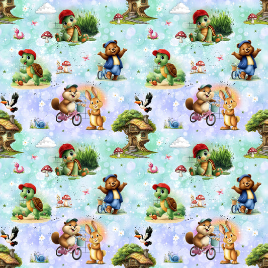 Stoffkachel „Schildi & Freunde“ – nahtloses Muster mit Schildkröte, Bär, Hase, Biber, Baumhaus, Pilzen, Schnecken und Sternchen auf mint-/lila Farbverlauf.