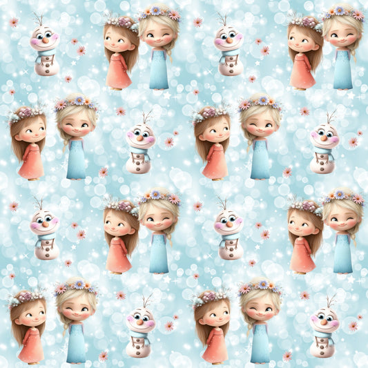 Nahtloses Stoffmuster „Eisschwestern“ mit süßen Mädchen mit Blumen-Haarschmuck und Schneemann.