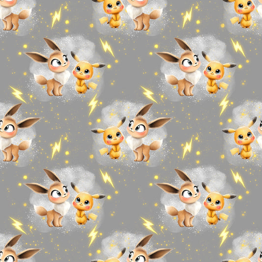 Nahtloses Stoffmuster mit dem Design „Blitzi & Flitzi“ – grauer Stoff mit süßen Blitzfreunden.