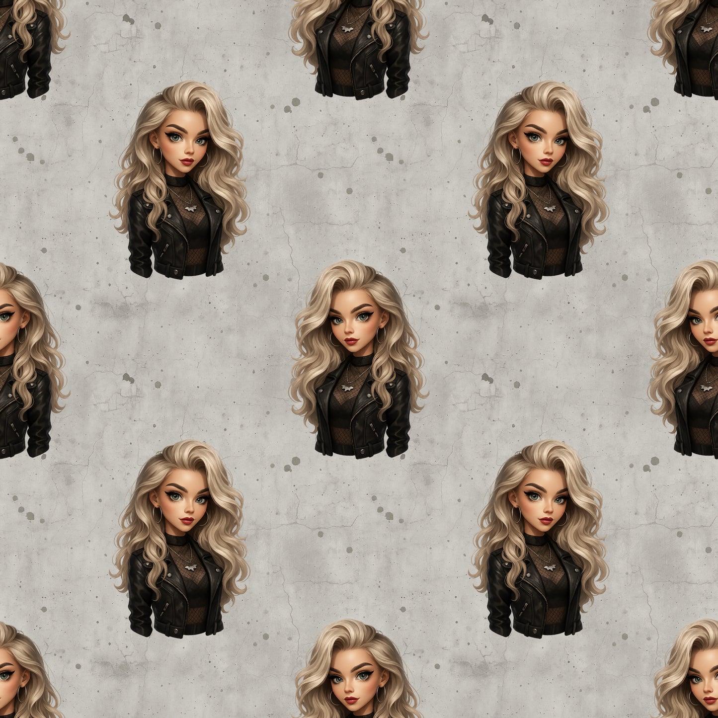 Nahtloses Stoffmuster mit dem Design Gothic Glamour. Eine Frau mit blonden gelockten Haaren, schwarz gekleidet auf einem grauen Hintergrund in Betonoptik.