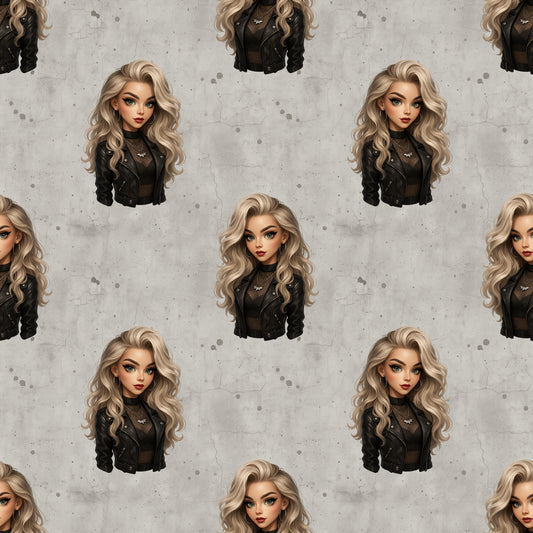 Nahtloses Stoffmuster mit dem Design Gothic Glamour. Eine Frau mit blonden gelockten Haaren, schwarz gekleidet auf einem grauen Hintergrund in Betonoptik.