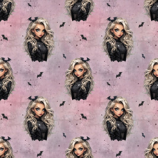 Nahtloses Stoffmuster mit dem Design "Gothic Glam" in rosa – eine Frau mit lockigen blonden Haaren mit Fledermaus im Haar, schwarz gekleidet auf einem rosafarbenen Hintergrund in Beton Optik mit Rissen. Kleine schwarze Fledermäuse und weiße herzen befinden sich in den Zwischenräumen.