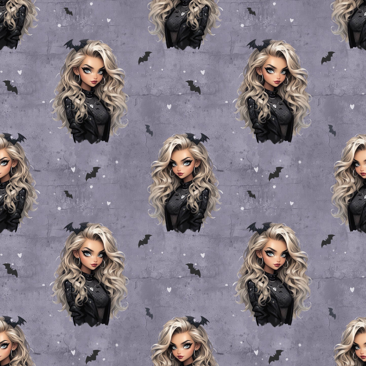 Nahtloses Stoffmuster mit dem Design "Gothic Glam" in lila – eine Frau mit lockigen blonden Haaren mit Fledermaus im Haar, schwarz gekleidet auf einem lilafarbenen Hintergrund in Beton Optik mit Rissen. Kleine schwarze Fledermäuse und weiße herzen befinden sich in den Zwischenräumen.