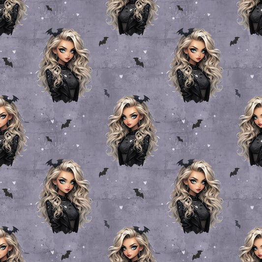 Nahtloses Stoffmuster mit dem Design "Gothic Glam" in lila – eine Frau mit lockigen blonden Haaren mit Fledermaus im Haar, schwarz gekleidet auf einem lilafarbenen Hintergrund in Beton Optik mit Rissen. Kleine schwarze Fledermäuse und weiße herzen befinden sich in den Zwischenräumen.