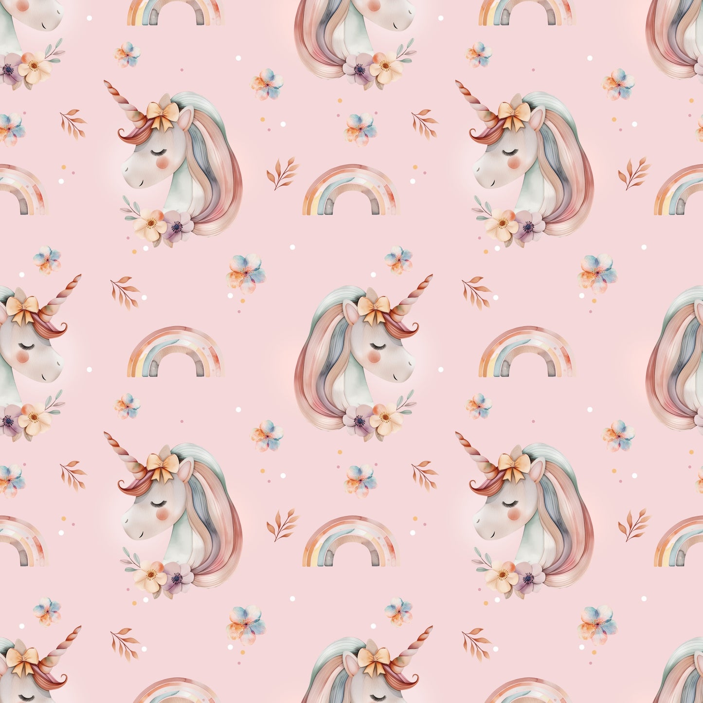 Nahtloses Stoffmuster mit dem Design „Kleines Einhorn“- – mit verträumtem Einhornmotiv und Schleife, kuschelig und verspielt.