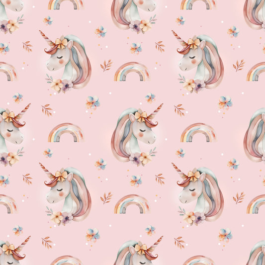 Nahtloses Stoffmuster mit dem Design „Kleines Einhorn“- – mit verträumtem Einhornmotiv und Schleife, kuschelig und verspielt.