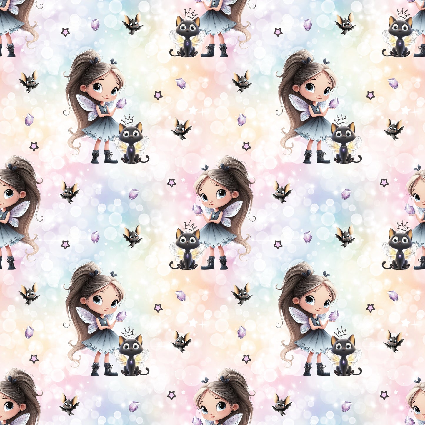 Magisches Stoffdesign „Mystellina“ – Mädchen mit Katze und Fantasy-Details für kreative Nähideen.