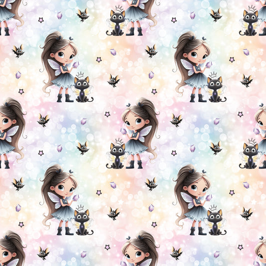Magisches Stoffdesign „Mystellina“ – Mädchen mit Katze und Fantasy-Details für kreative Nähideen.