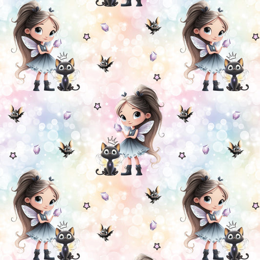 Magisches Stoffdesign „Mystellina“ – Mädchen mit Katze und Fantasy-Details für kreative Nähideen.