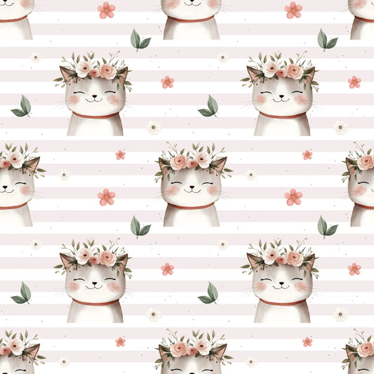 Nahtloses Stoffmuster mit dem Design „Zauberhafte Mieze – rosa-weiß gestreift“ – kindgerechter mit fröhlichem Katzenprint und Streifen.