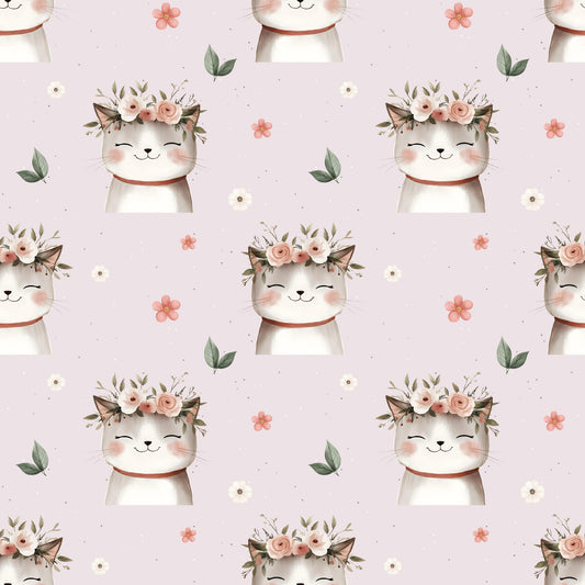 Nahtloses Stoffmuster mit dem Design „Zauberhafte Mieze – rosa" – kindgerechter mit fröhlichem Katzenprint auf einem zarten rosa.