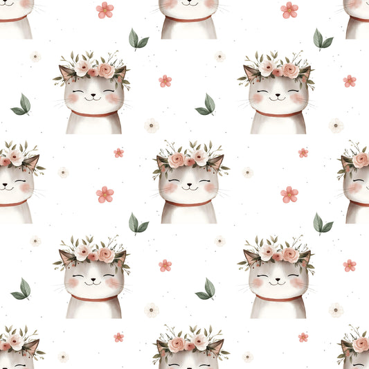 Nahtloses Stoffmuster mit dem Design „Zauberhafte Mieze – rosa" – kindgerechter mit fröhlichem Katzenprint auf einem zarten rosa.