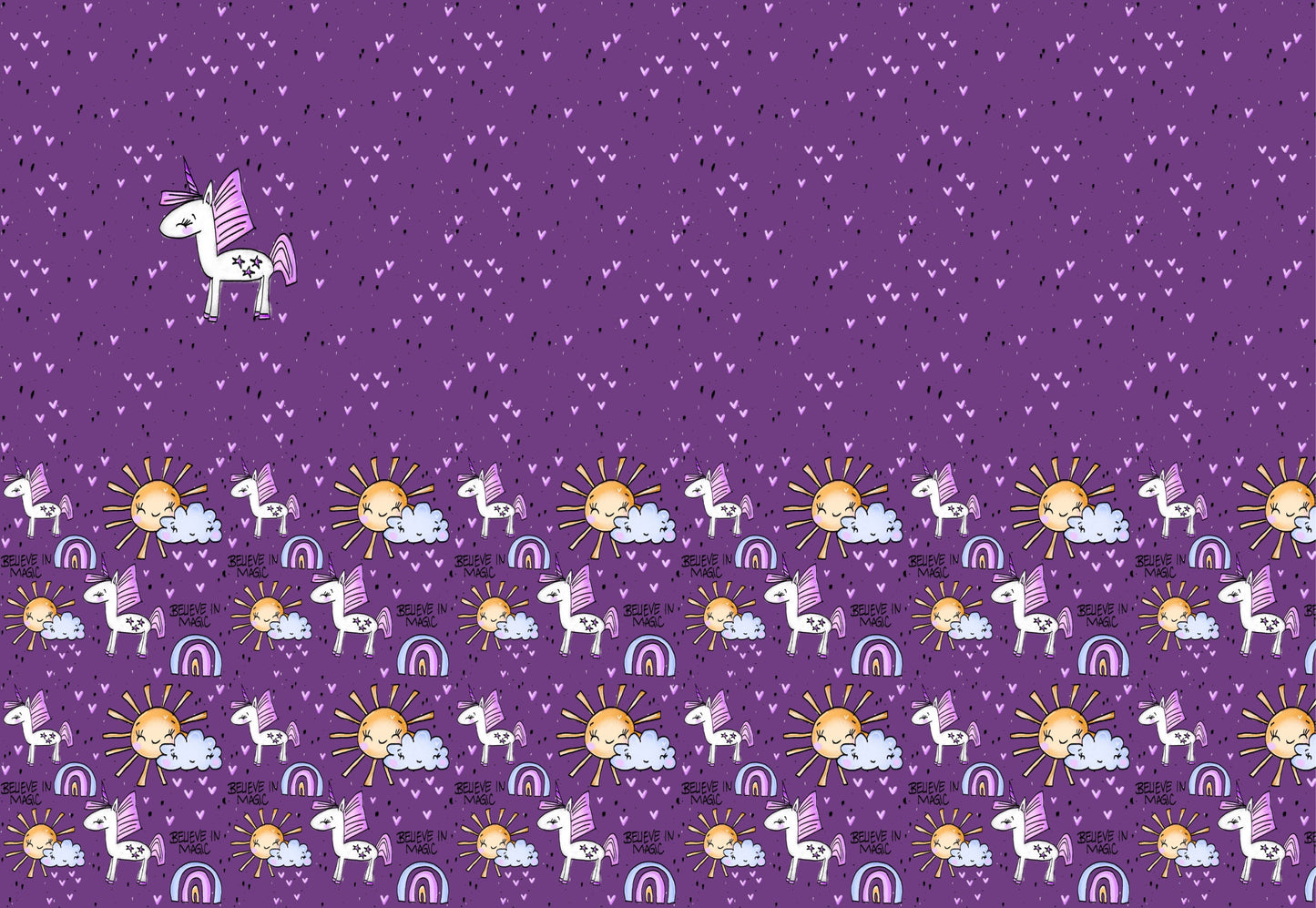 Believe in Magic Einhorn Stoff Panel mit Regenbogen, Sonne und Schriftzug auf lila Hintergrund