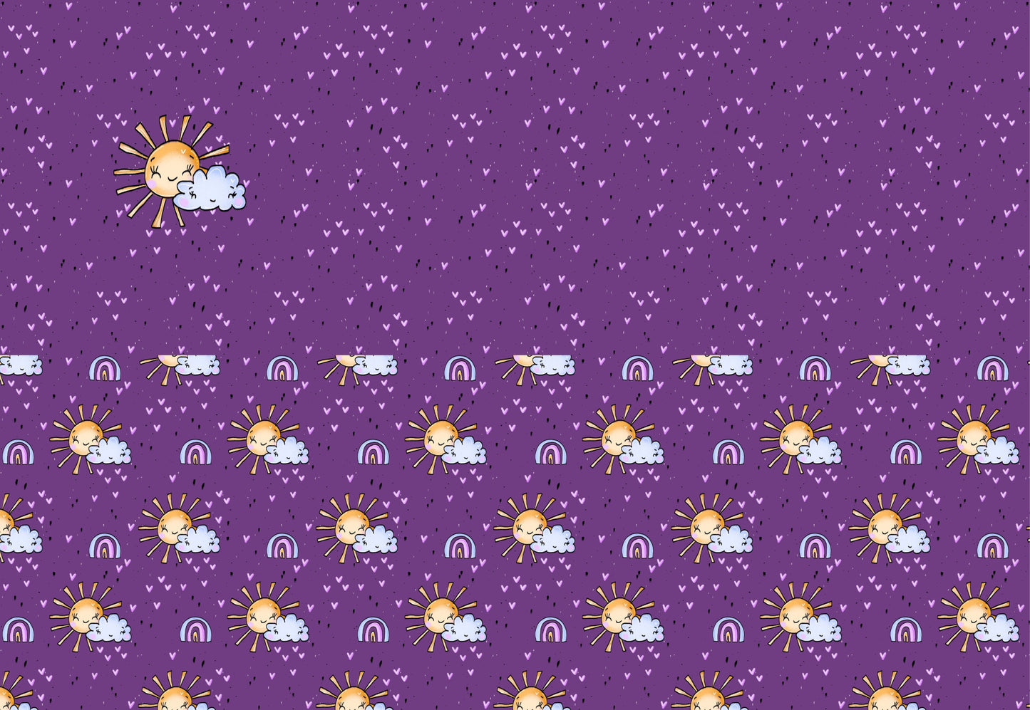 Believe in Magic Sonne Stoff Panel mit Regenbogen und Wolken auf lila Hintergrund