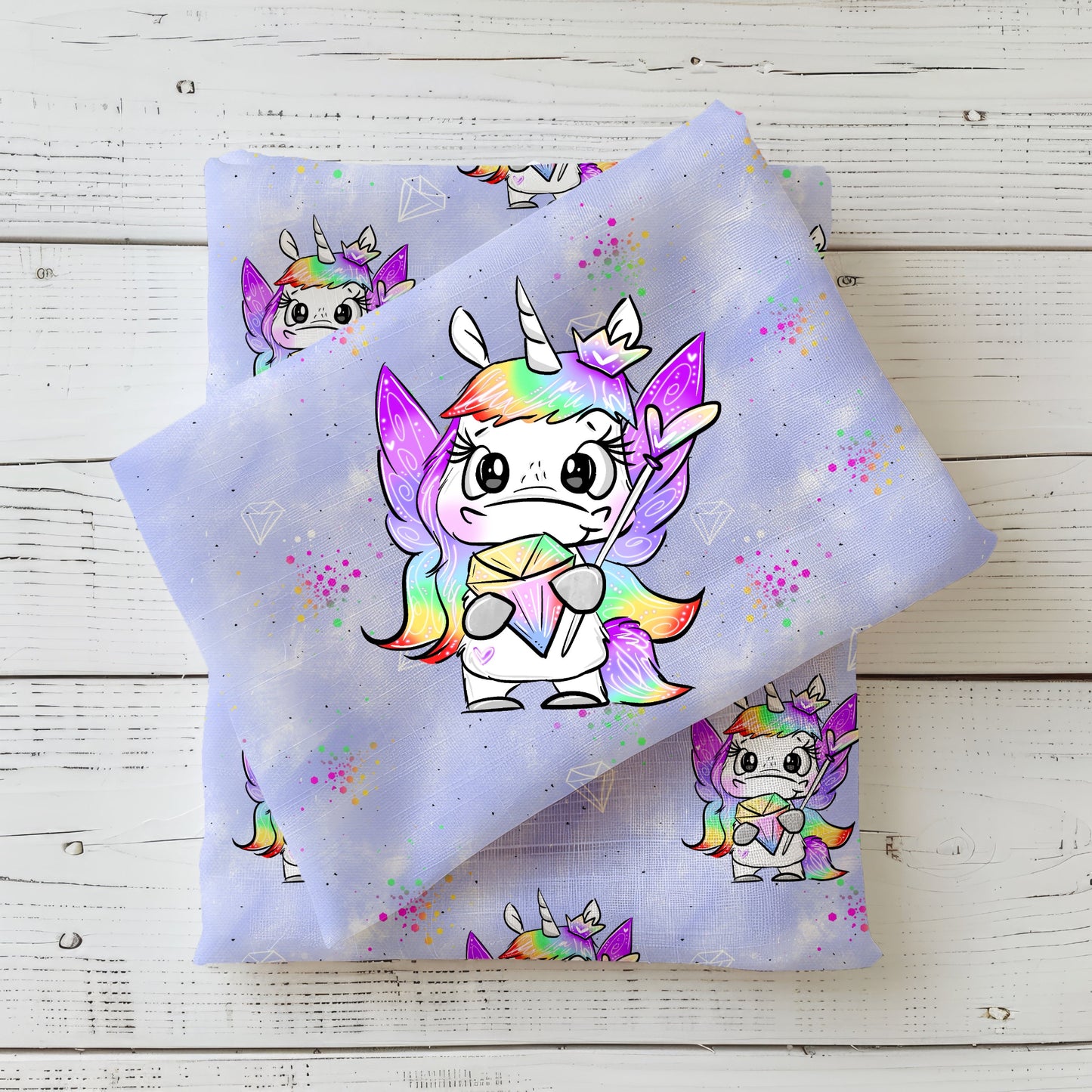 Stoffpanel „Einhornkönigin“ mit farbenfrohem Regenbogen-Einhorn auf Jersey.