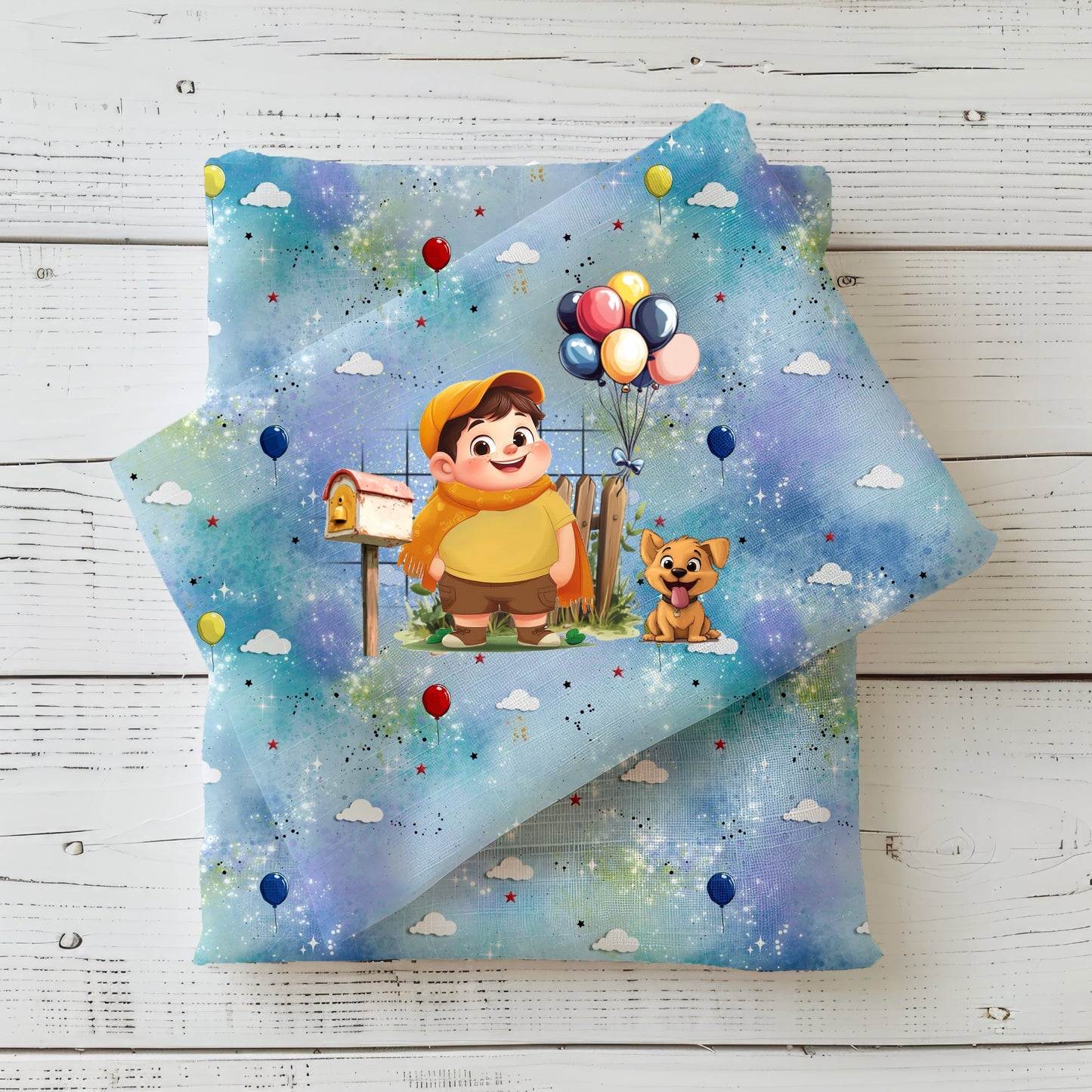Stoffpanel „Fliegende Träume“ – Jersey für Kinder mit bunten Ballons, Wolken und Sternenhimmel.