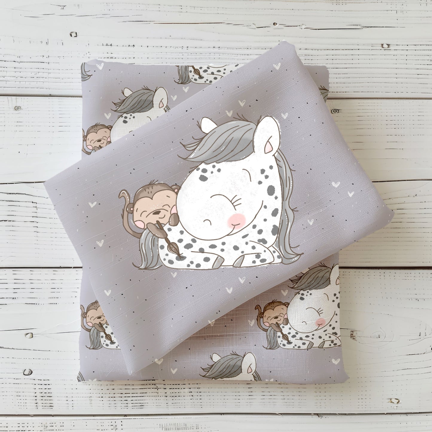 Stoffpanel „Little Friends“ mit niedlichem Pony & Äffchen auf Jersey oder French Terry für Kinderkleidung.