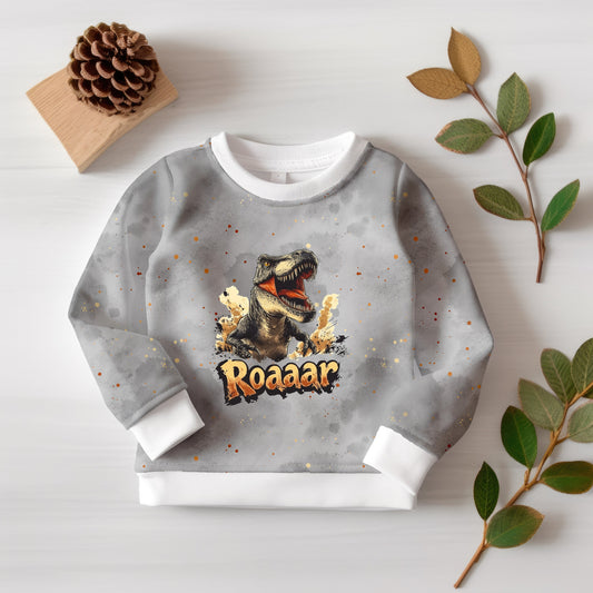 T-Rex Stoffpanel mit dynamischem Dinosaurier-Print für individuelle Nähprojekte.