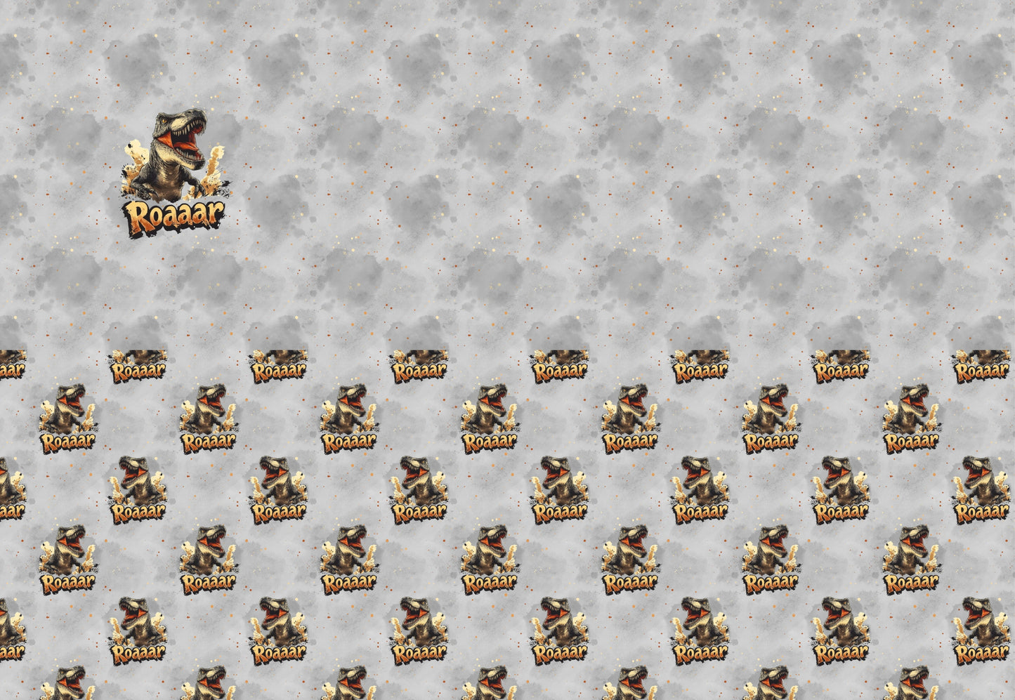 T-Rex Stoffpanel mit großem Dino-Motiv und grauem Allover-Hintergrund mit Sprenkeln