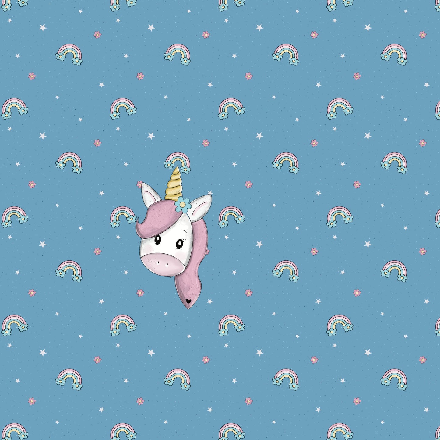 Detailansicht des Stoffpanels „Unicorn“ mit Regenbögen und Blumenmotiven.