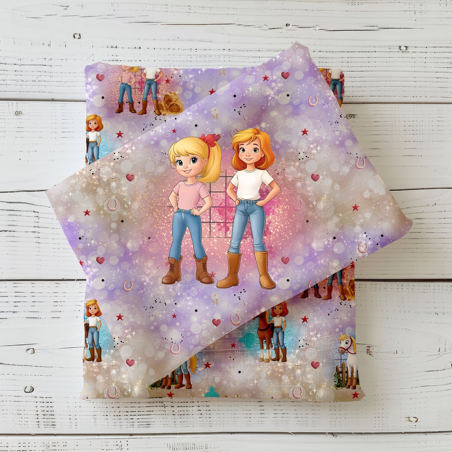 Stoffpanel "Zauberhafte Reiterinnen" mit Musterstoff in Lila – ideal für Kinderkleidung.