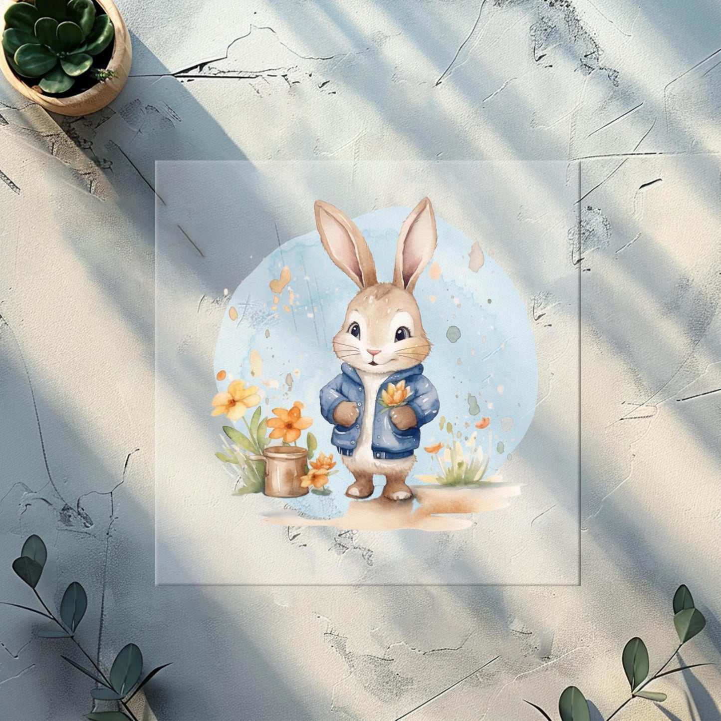 DIY-Bügelbild „Hase mit Jeansjacke“ für kreative Nähprojekte.