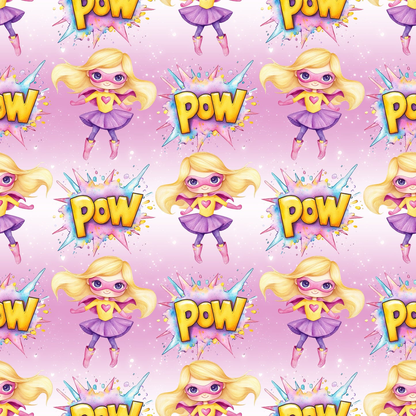 Superheldin-Kinderstoff mit Comic-Design und POW!-Schriftzug als Meterware.