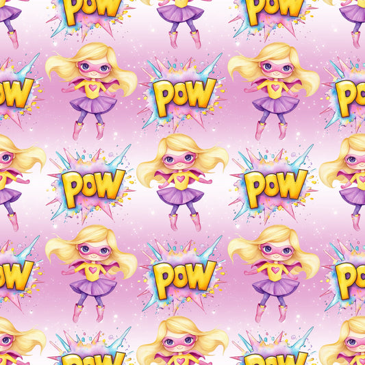 Superheldin-Kinderstoff mit Comic-Design und POW!-Schriftzug als Meterware.