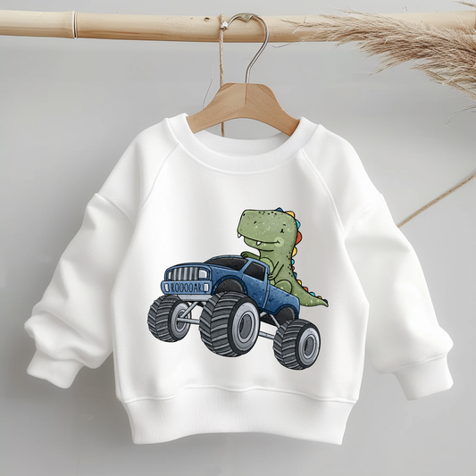 Freisteller des Bügelbild-Motivs „Dino Truck Blau“: grüner Dino auf blauem Monstertruck, klare schwarze Konturen, zentriert auf weißem Hintergrund für die Produktkachel.