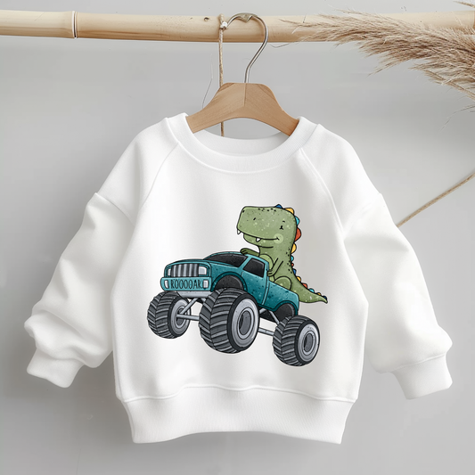 Freisteller des Bügelbild-Motivs „Dino Truck Türkis“: grüner Dino auf türkisfarbenem Monstertruck, klare schwarze Konturen, zentriert auf weißem Hintergrund für die Produktkachel.