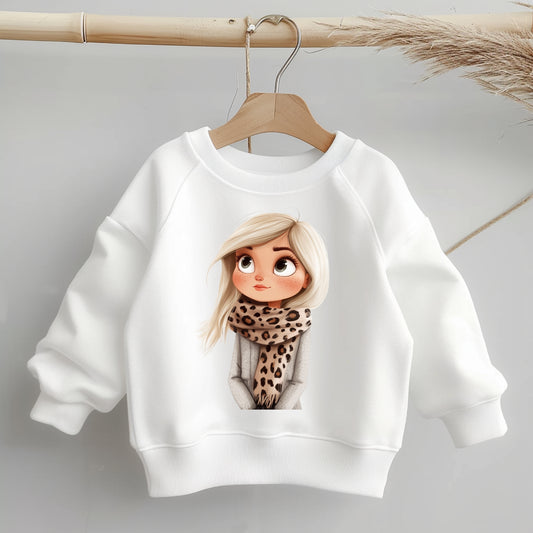 Aufbügler „Leo Girl“ – Mädchenillustration mit Leoparden-Schal als glitzerndes Bügelbild für Textilveredelung