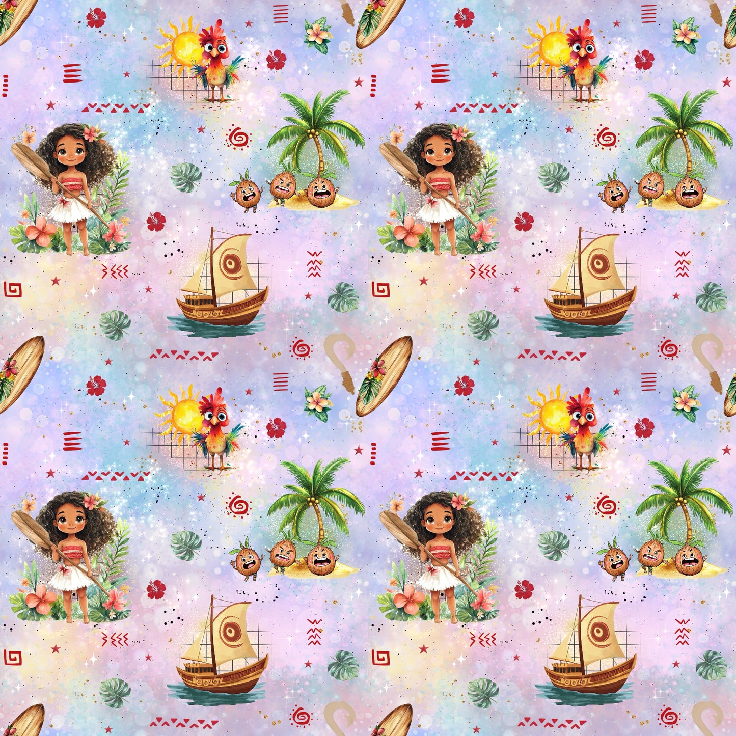 Toller Kinderstoff mit einer Hawaiianerin, einem Segelboot, einem Huhn mit Sonne im Hintergrund. Außerdem verschiedene Blätter, Blüten und Symbole. Der Hintergrund ist ein Farbverlauf mit Glimmereffekt in blau-lila-pink.