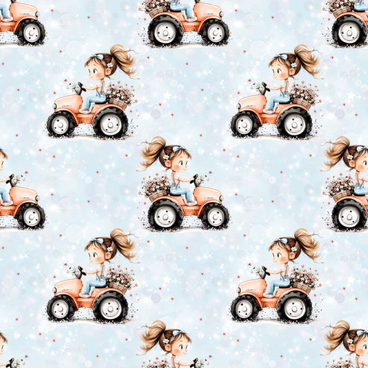 Traktormädchen Stoff – Hochwertige Meterware mit nostalgischem Traktor und süßem Mädchen-Design.