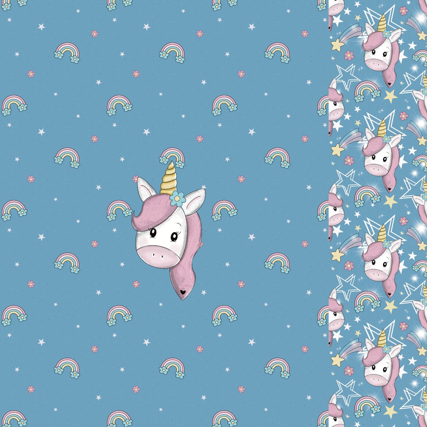 Kreative Nähideen für Kinder – Unicorn Stoffpanel mit farblich abgestimmtem Musterstoff.