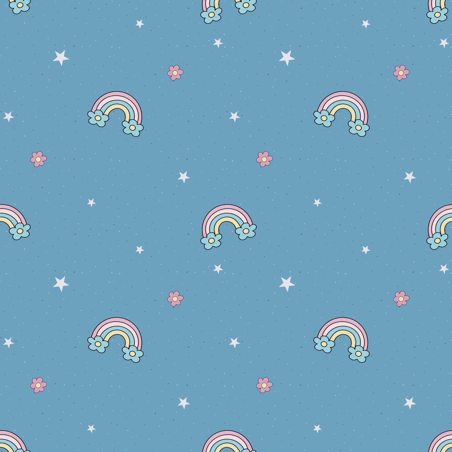 Unicorn Kombi – Kinderstoff mit Regenbögen, Blumen & Sternen auf Blau.