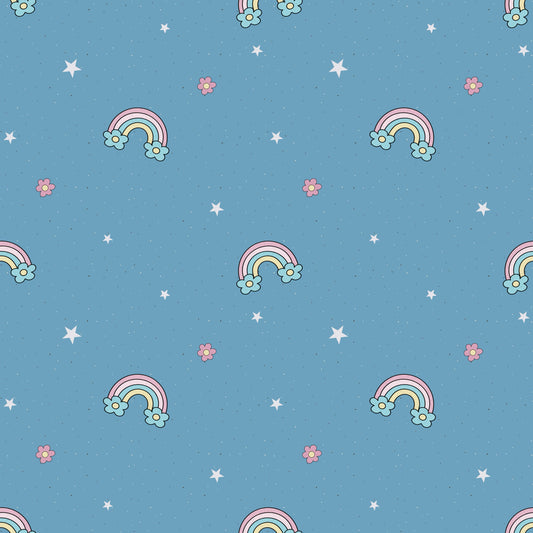 Unicorn Kombi – Kinderstoff mit Regenbögen, Blumen & Sternen auf Blau.