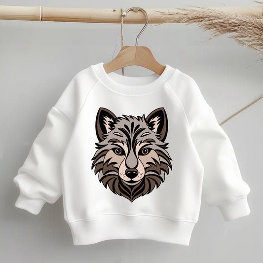 „Mockup eines Kinder-Sweaters: mittig auf der Brust das Bügelbild eines Wolfskopfs in Braun-Grau; zeigt Größe und Platzierung des Motivs auf der Kleidung.“