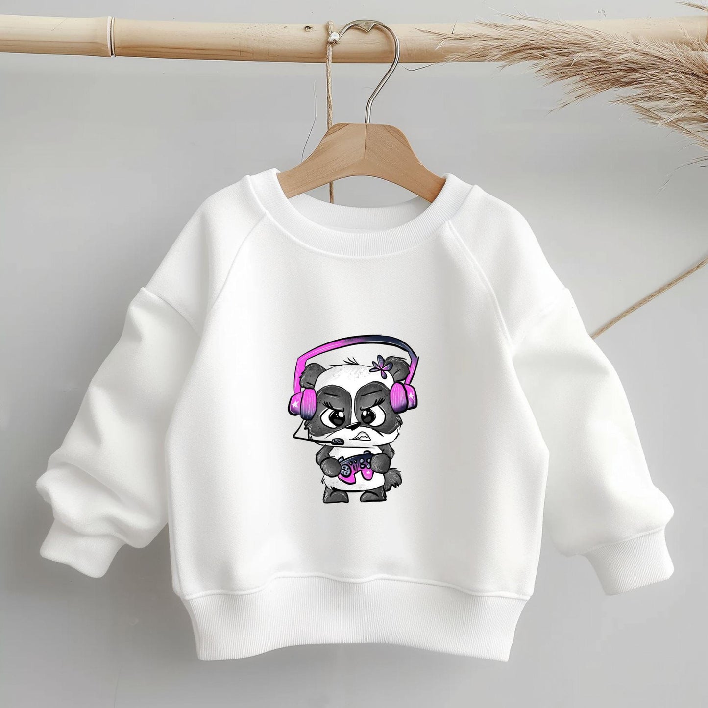 Gaming-Bügelbild „Zockerpandi“ mit Panda, Headset & Controller für Kinderkleidung.