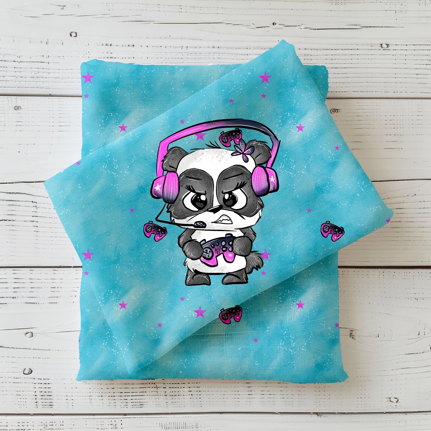 Gamer Panda Stoffpanel „Zockerpandi“ mit passendem Kombistoff – Jersey & French Terry für Kinderkleidung.