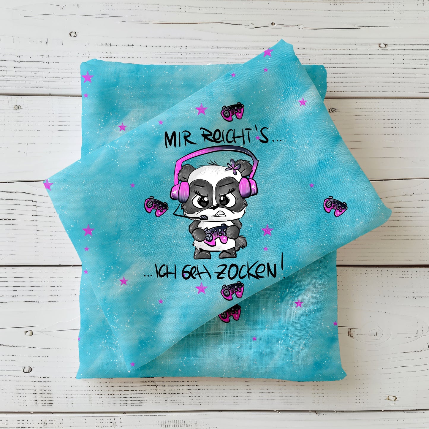Gamer Panda Stoffpanel „Zockerpandi“ mit Spruch „Mir reicht’s… ich geh zocken!“ und passendem Kombistoff – Jersey & French Terry.