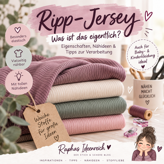 Ripp-Jersey Stoff in verschiedenen Farben mit Nähzubehör – Ratgeber zu Eigenschaften, Nähideen und Tipps zur Verarbeitung von Ripp-Jersey.