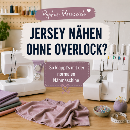 Nähmaschine und Overlock auf einem Nähtisch mit Jersey-Stoffen und Nähzubehör. Text im Bild: „Jersey nähen ohne Overlock? So klappt’s mit der normalen Nähmaschine.“